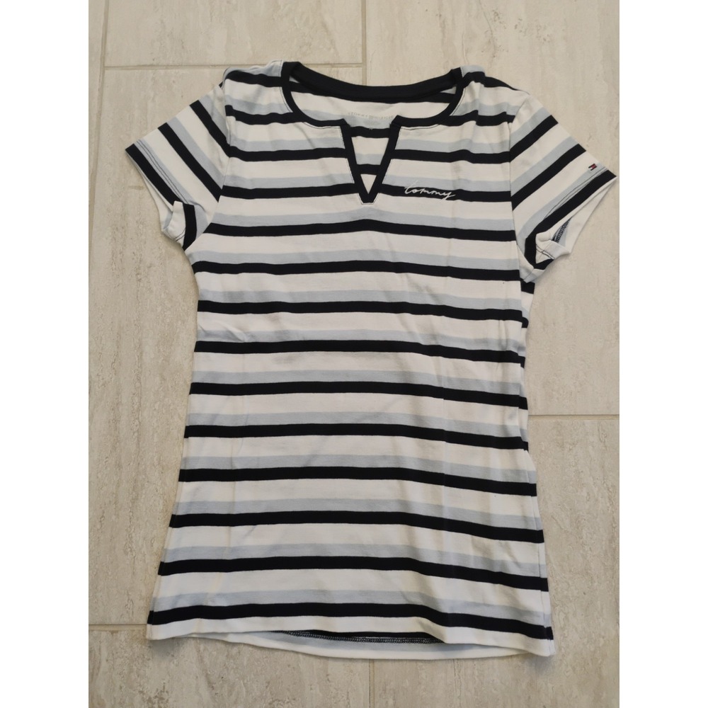 Tommy Hilfiger Striped V-Neck Tee Womens Medium Blue White T-Shirt Logo Y2K